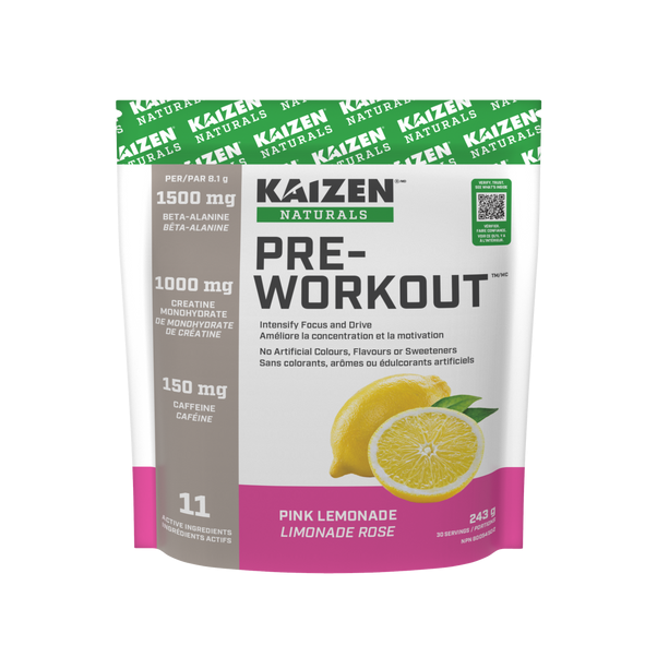 Kaizen Naturals pre-workout supplement packaging with lemon graphics on a white background