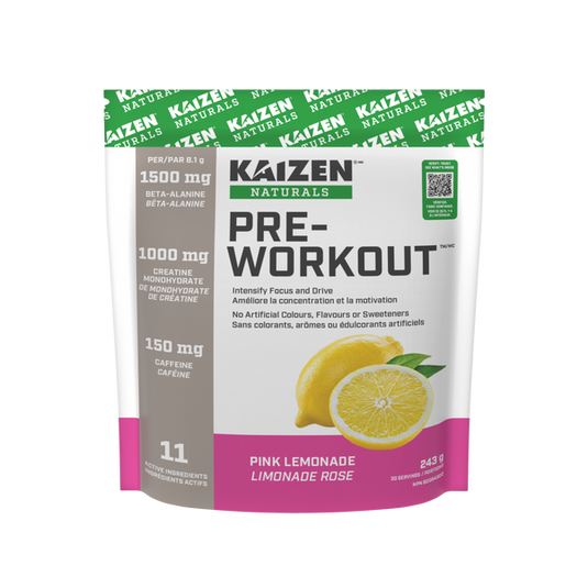 Kaizen Naturals pre-workout supplement packaging with lemon graphics on a white background