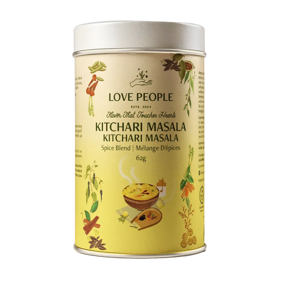 Canister of Love People Kitchari Masala spice blend on a beige background