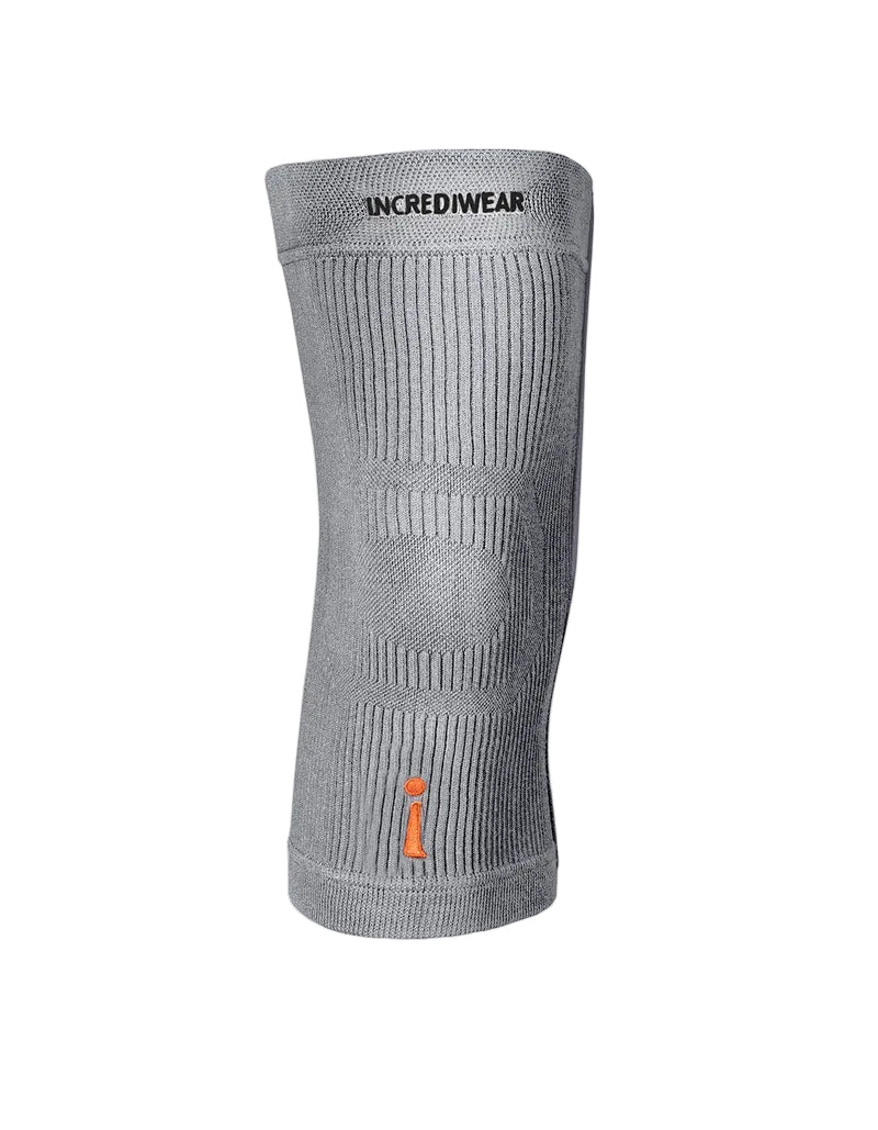 Gray knee brace with 'INCREDIWEAR' branding on a light gray background