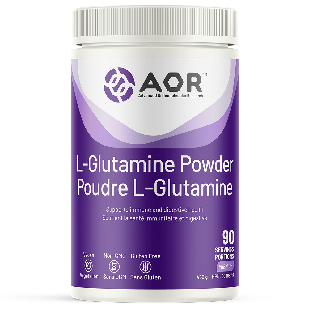 AOR L-Glutamine Powder container on a white background