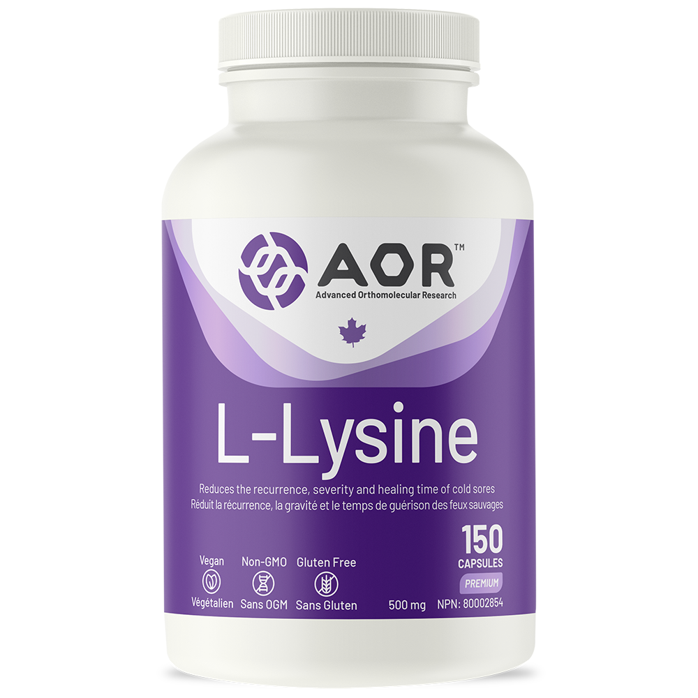 AOR L-Lysine supplement bottle on a white background