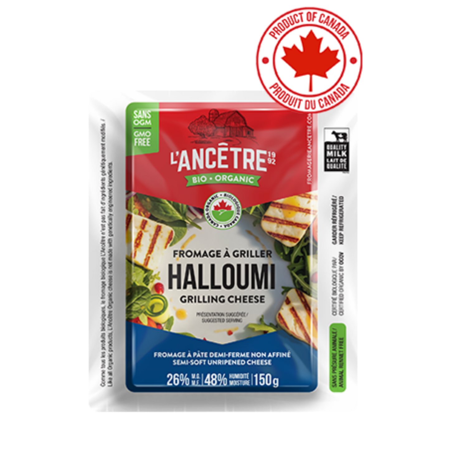 A package of L'Anceâtre Bio Organic Halloumi Grilling Cheese on a white background, featuring a red and blue label with an illustration of grilled halloumi and vegetables, and a red 'Product of Canada' emblem in the top right corner.
