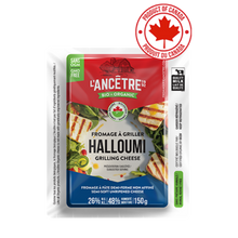 A package of L'Anceâtre Bio Organic Halloumi Grilling Cheese on a white background, featuring a red and blue label with an illustration of grilled halloumi and vegetables, and a red 'Product of Canada' emblem in the top right corner.