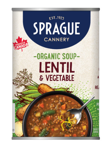 Can of Sprague Organic Lentil & Vegetable Soup with branding and product details.