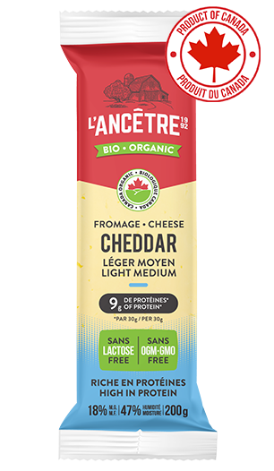 L'Anceètre cheese package with Canadian flag label on a white background