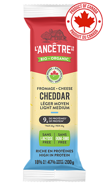 L'Anceètre cheese package with Canadian flag label on a white background