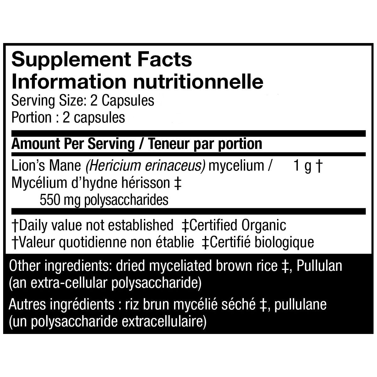 Supplement facts label for a mushroom product on a white background