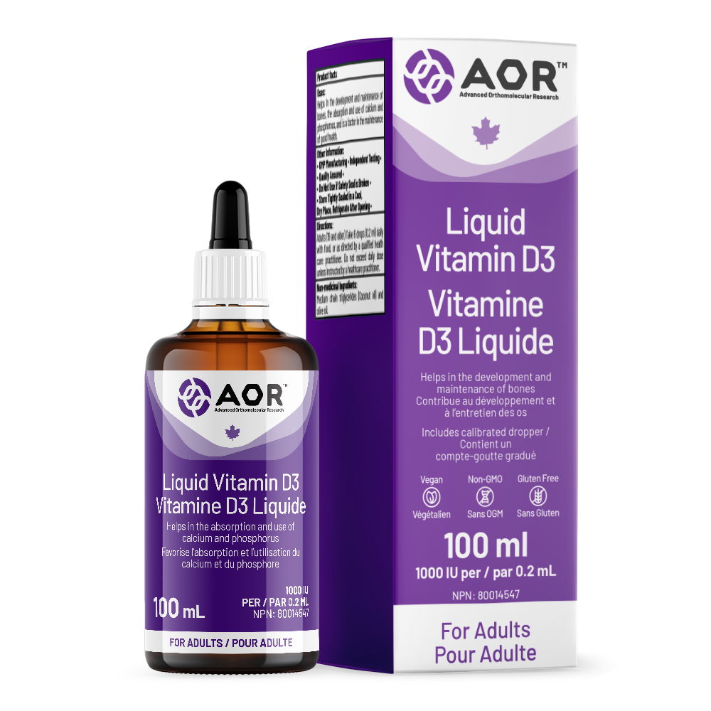 AOR Liquid Vitamin D3 bottle and packaging on a white background