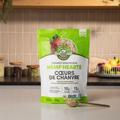 Package of Organic Hemp Hearts on a kitchen counter with a blurred background