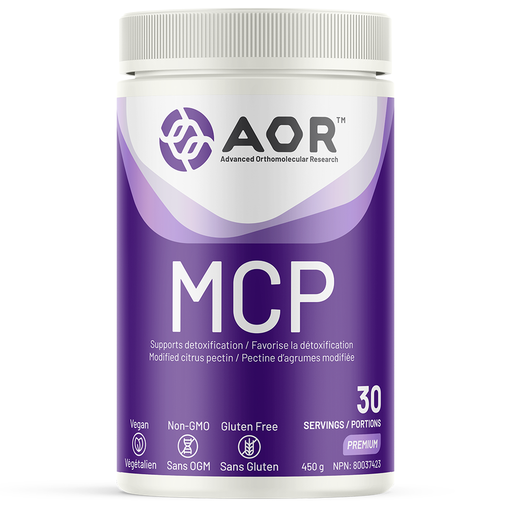 Purple supplement container with AOR logo and 'MCP' text on a white background