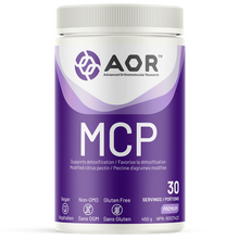 Purple supplement container with AOR logo and 'MCP' text on a white background