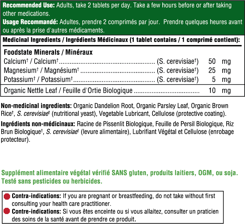 Supplement label with medicinal and non-medicinal ingredients, usage instructions, and safety information.