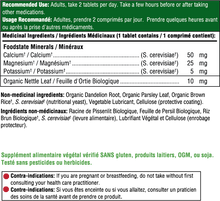 Supplement label with medicinal and non-medicinal ingredients, usage instructions, and safety information.