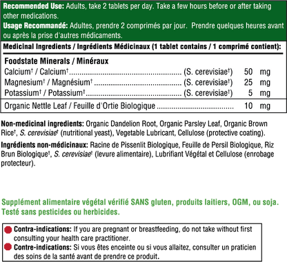 Supplement label with medicinal and non-medicinal ingredients, usage instructions, and safety information.