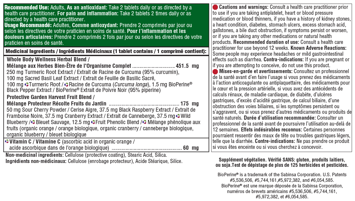 Supplement label with detailed information on usage, ingredients, and precautions.