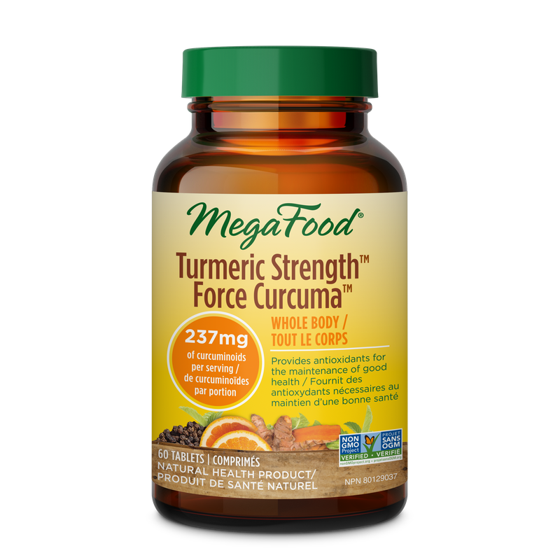 MegaFood Turmeric Strength Force Curcuma supplement bottle on a white background