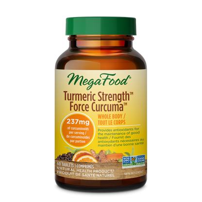 MegaFood Turmeric Strength Force Curcuma supplement bottle on a white background