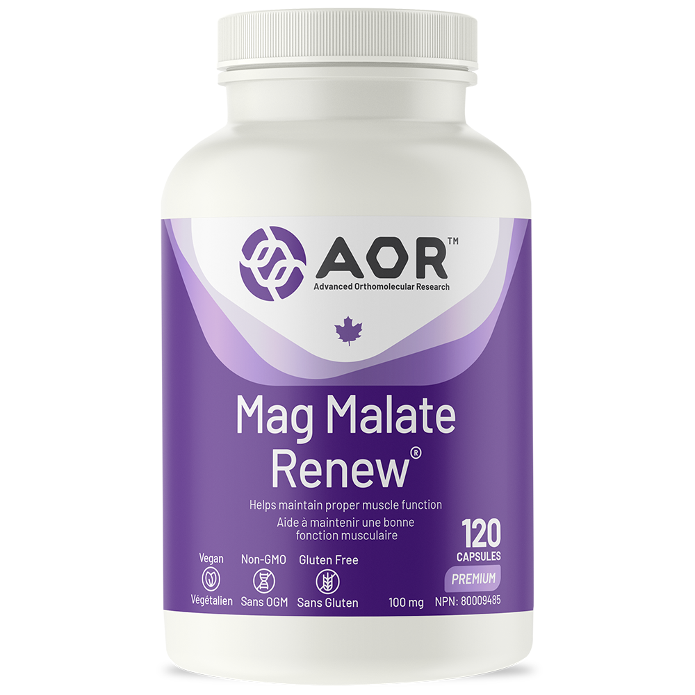 Supplement bottle labeled 'Mag Malate Renew' by AOR on a white background