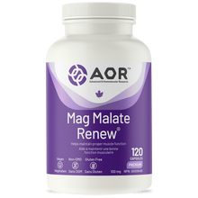 Supplement bottle labeled 'Mag Malate Renew' by AOR on a white background