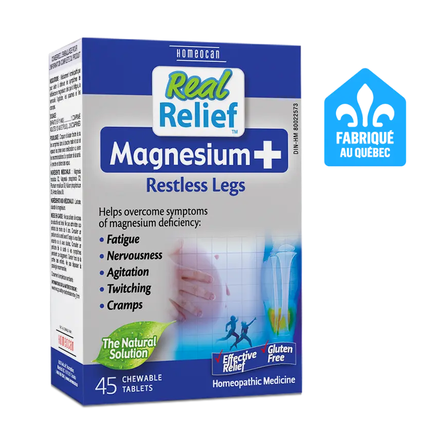 Real Relief Magnesium+ Restless Legs supplement box on a white background