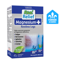 Real Relief Magnesium+ Restless Legs supplement box on a white background