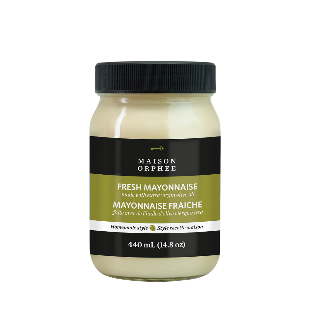Jar of Maison Orphee fresh mayonnaise on a white background