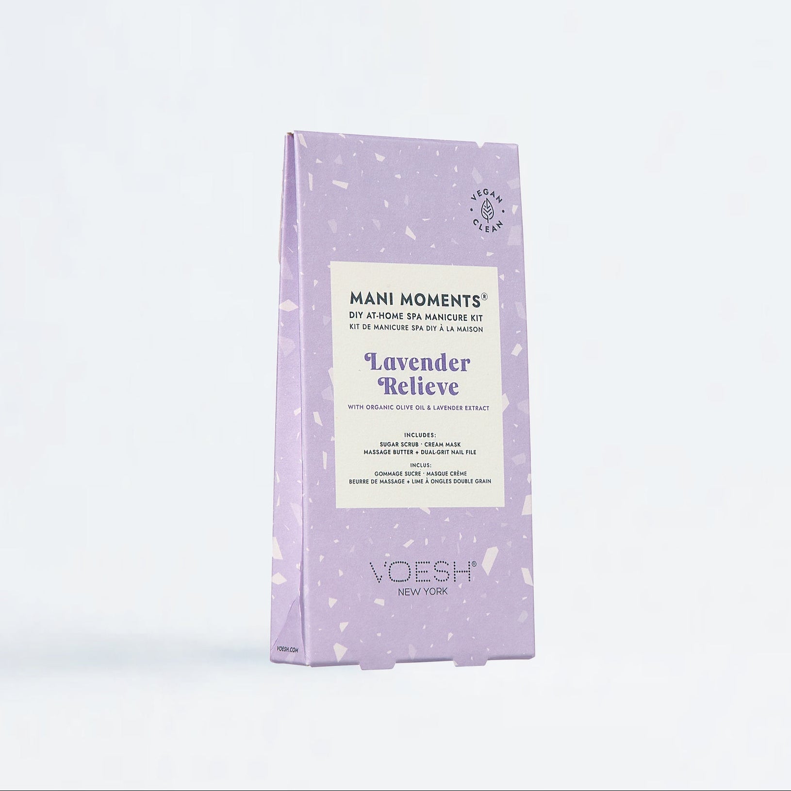 Purple packaging of 'Mani Moments' lavender hand care kit on a white background