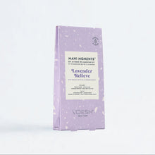 Purple packaging of 'Mani Moments' lavender hand care kit on a white background