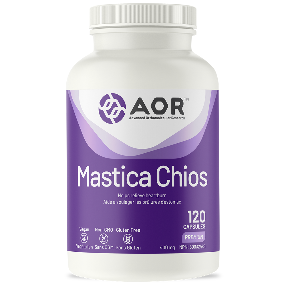 Supplement bottle labeled 'Mastica Chios' by AOR on a white background