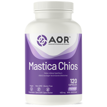 Supplement bottle labeled 'Mastica Chios' by AOR on a white background