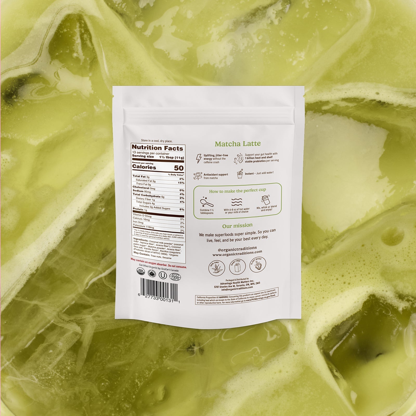 Matcha latte powder package with nutrition facts label on a green and white swirled background
