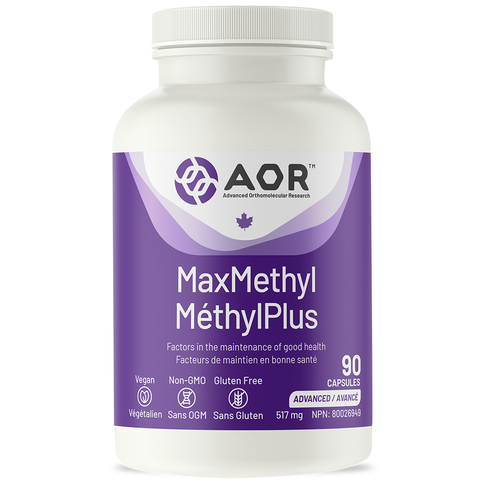 Vitamin supplement bottle labeled 'Max Methyl MéthylPlus' by AOR on a white background