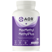 Vitamin supplement bottle labeled 'Max Methyl MéthylPlus' by AOR on a white background