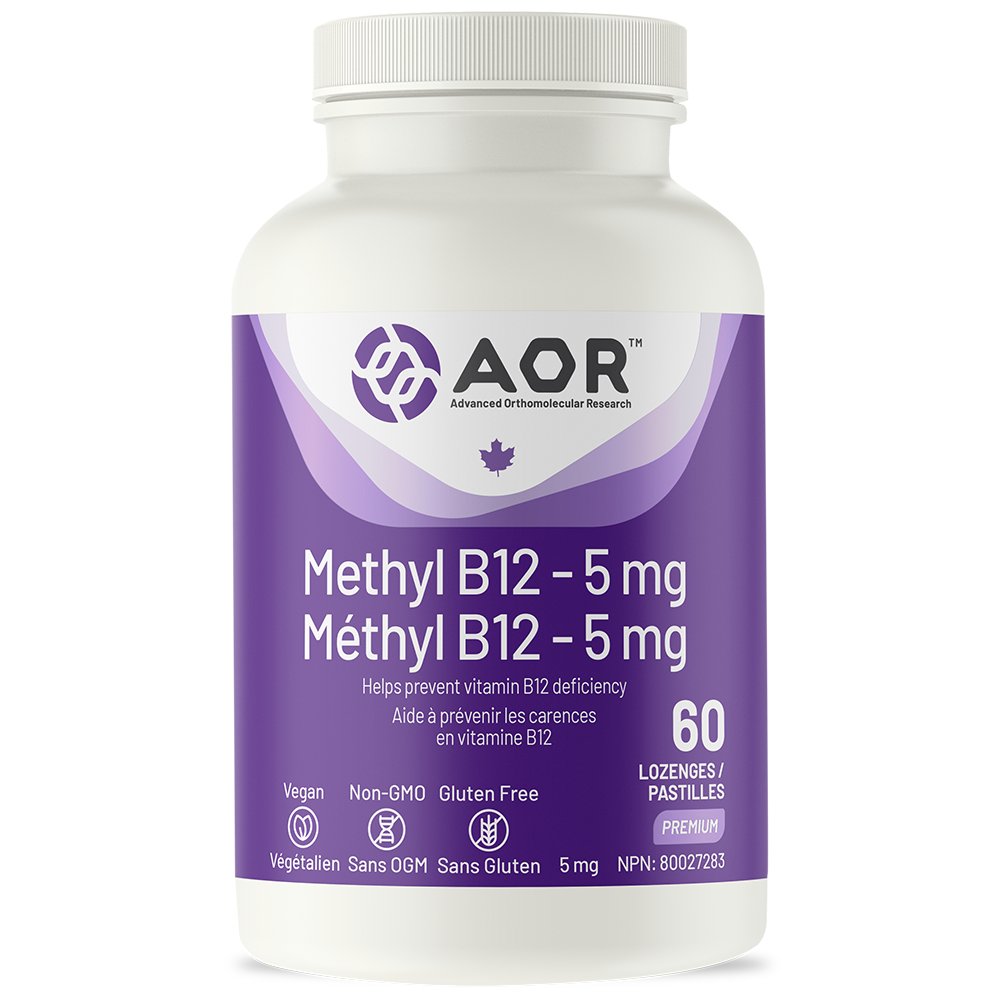 Vitamin supplement bottle labeled 'Methyl B12' with AOR branding on a white background