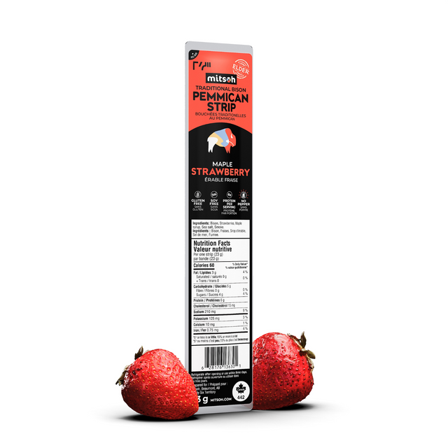 Mitsoh maple strawberry pemmican strip packaging with two strawberries on a white background
