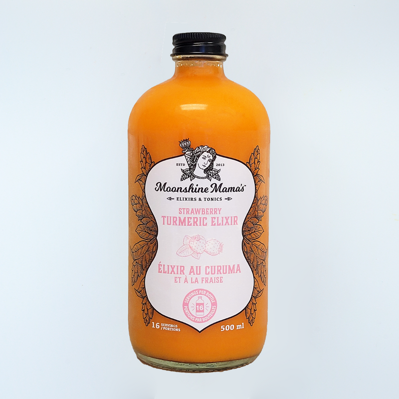 Bottle of Moonshine Mama's Strawberry Turmeric Elixir on a white background