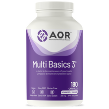 Multivitamin supplement bottle labeled 'Multi Basics 3' by AOR on a white background