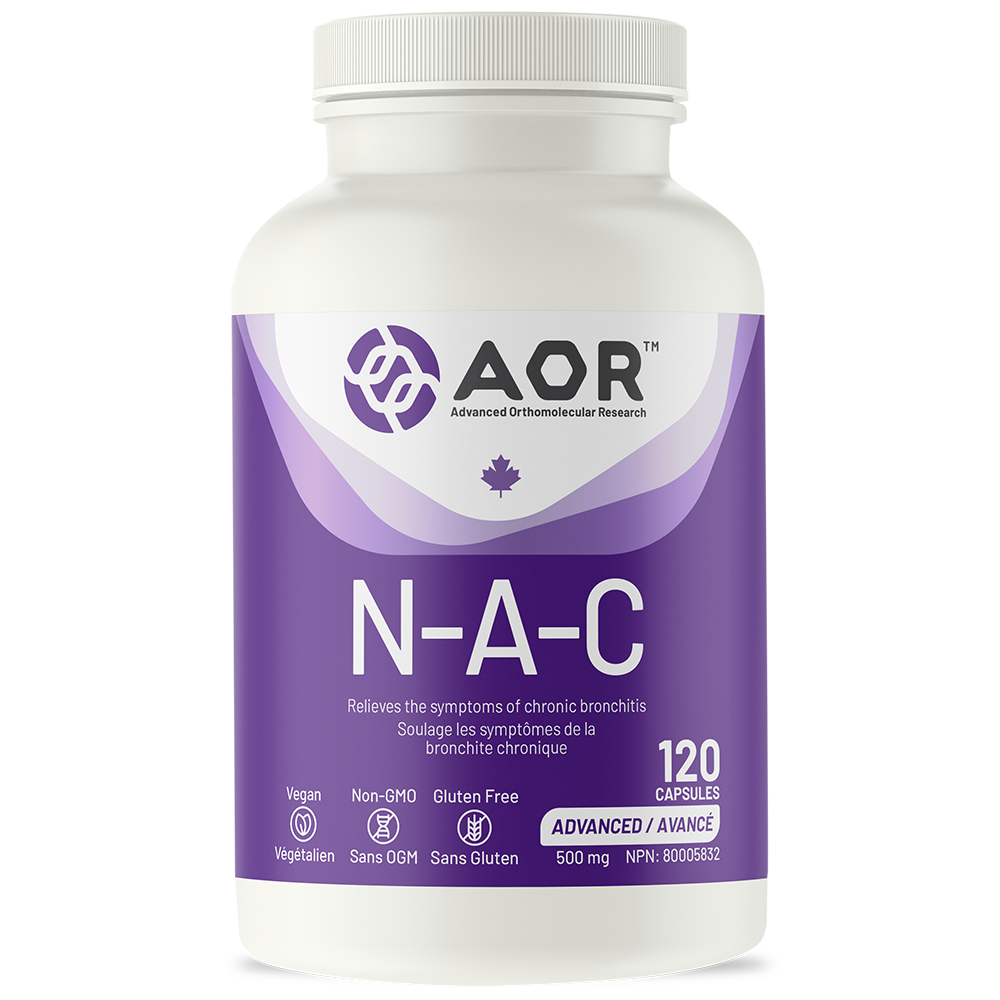 Supplement bottle labeled 'N-A-C' by AOR on a white background
