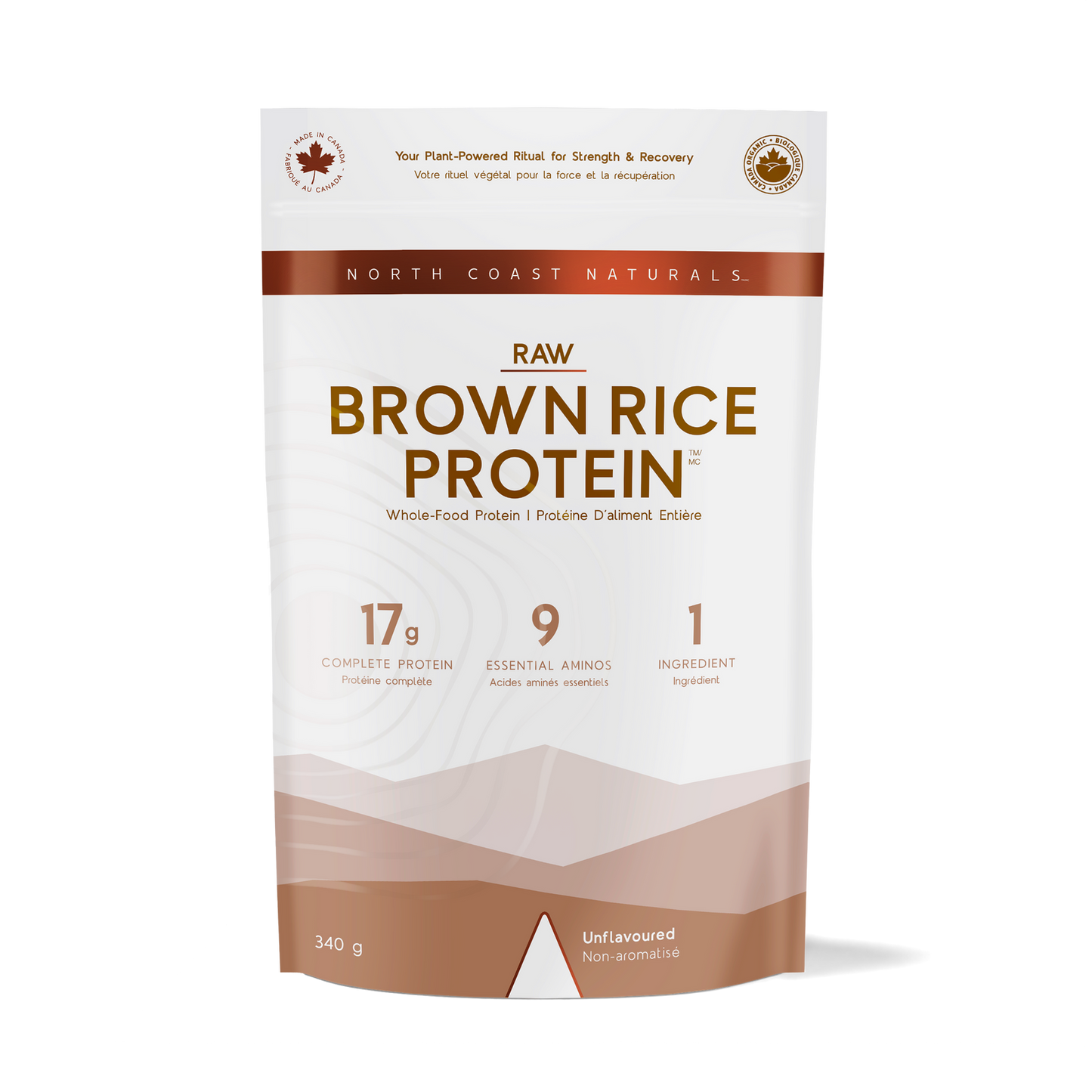 A 340g stand-up pouch of North Coast Naturals Raw Brown Rice Protein powder, shown against a plain white background.