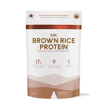 A 340g stand-up pouch of North Coast Naturals Raw Brown Rice Protein powder, shown against a plain white background.