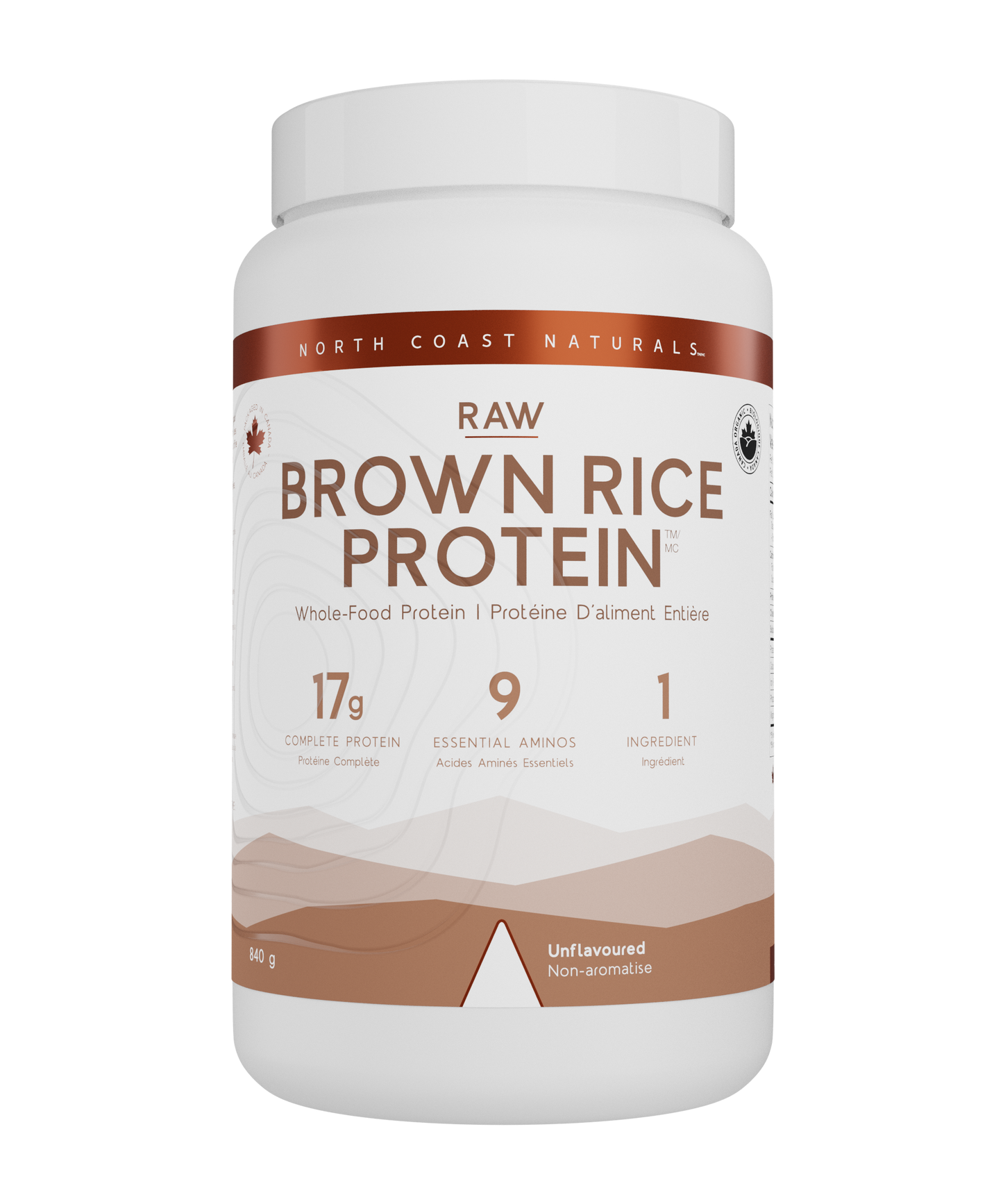 A white plastic tub of North Coast Naturals Raw Brown Rice Protein powder, featuring a white label with brown text and graphics, on a solid white background.