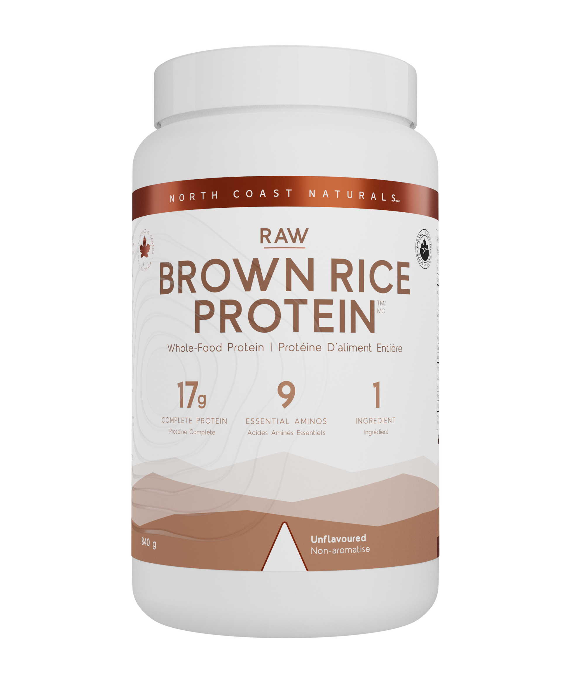 A white plastic tub of North Coast Naturals Raw Brown Rice Protein powder, featuring a white label with brown text and graphics, on a solid white background.