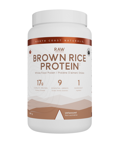 A white plastic tub of North Coast Naturals Raw Brown Rice Protein powder, featuring a white label with brown text and graphics, on a solid white background.