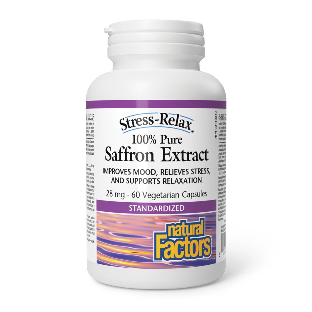 A bottle of Natural Factors Saffron Extract 28mg with 60 vegetarian capsules, labeled for improving mood, relieving stress, and supporting relaxation.