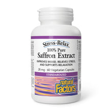 A bottle of Natural Factors Saffron Extract 28mg with 60 vegetarian capsules, labeled for improving mood, relieving stress, and supporting relaxation.