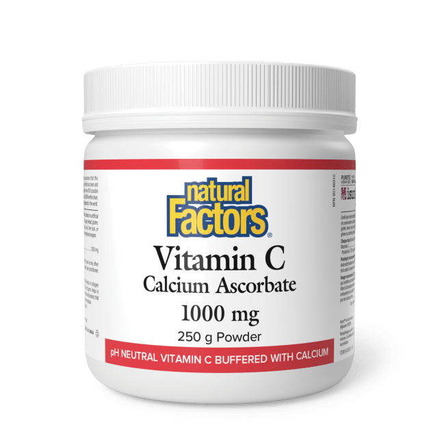 Jar of Natural Factors Vitamin C Calcium Ascorbate 1000 mg powder on a white background