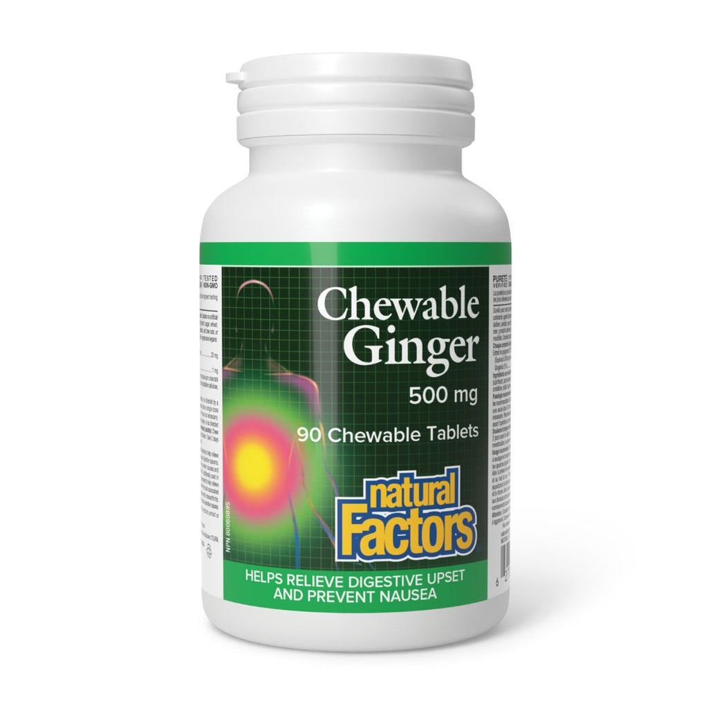 Bottle of Natural Factors Chewable Ginger supplement on a white background