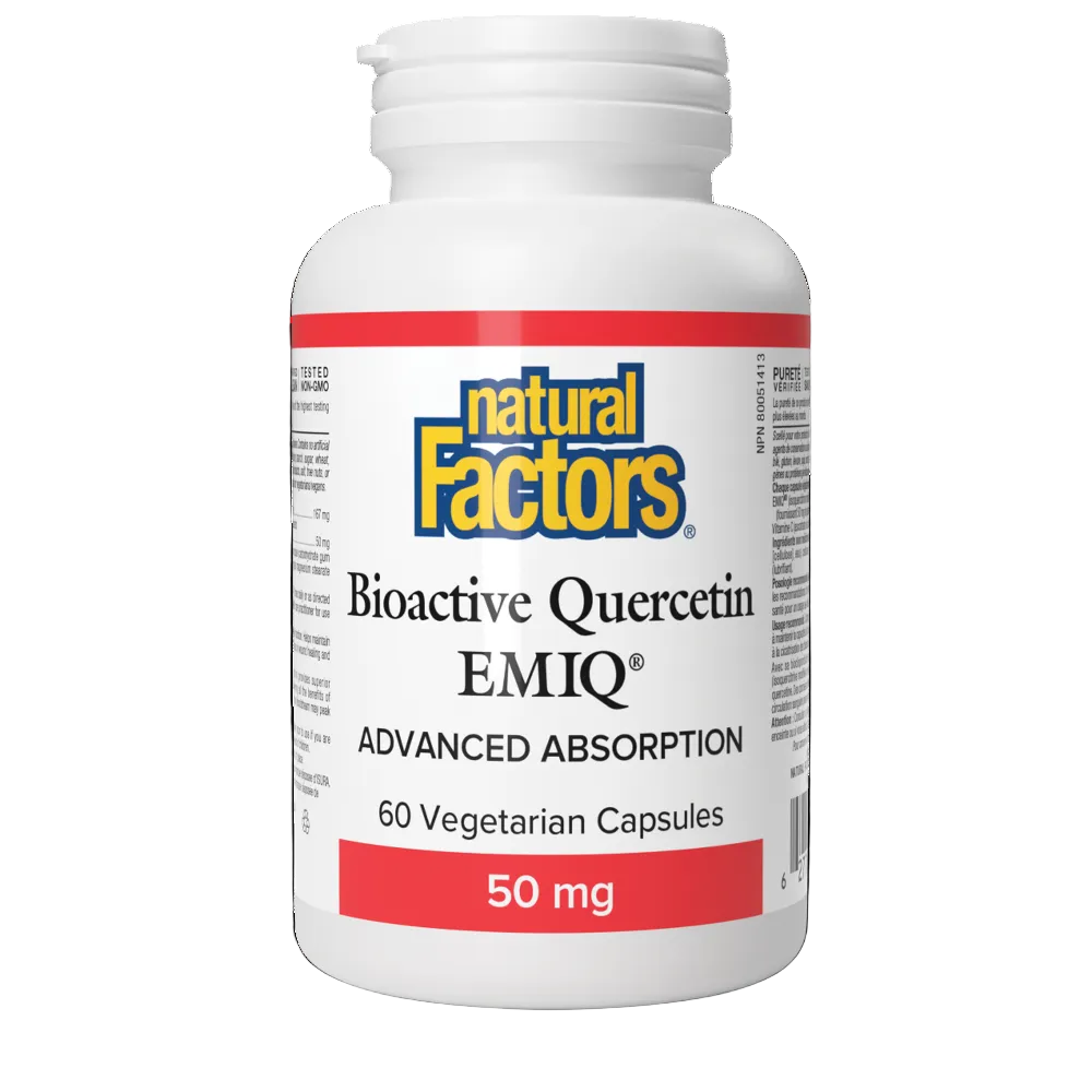 Bottle of Natural Factors Bioactive Quercetin EMIQ supplement on a white background