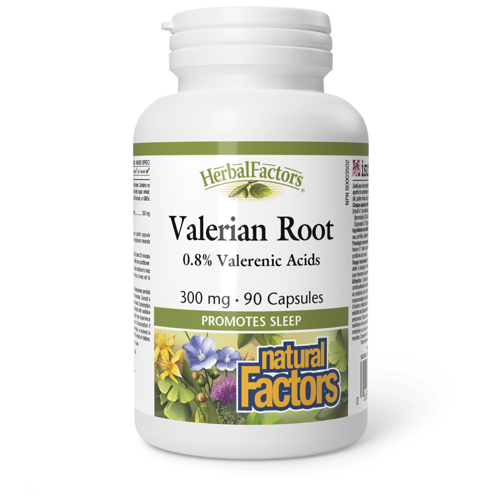 A white plastic bottle of Herbal Factors Valerian Root capsules, 300 mg, 90 capsules, with a white cap on a white background.